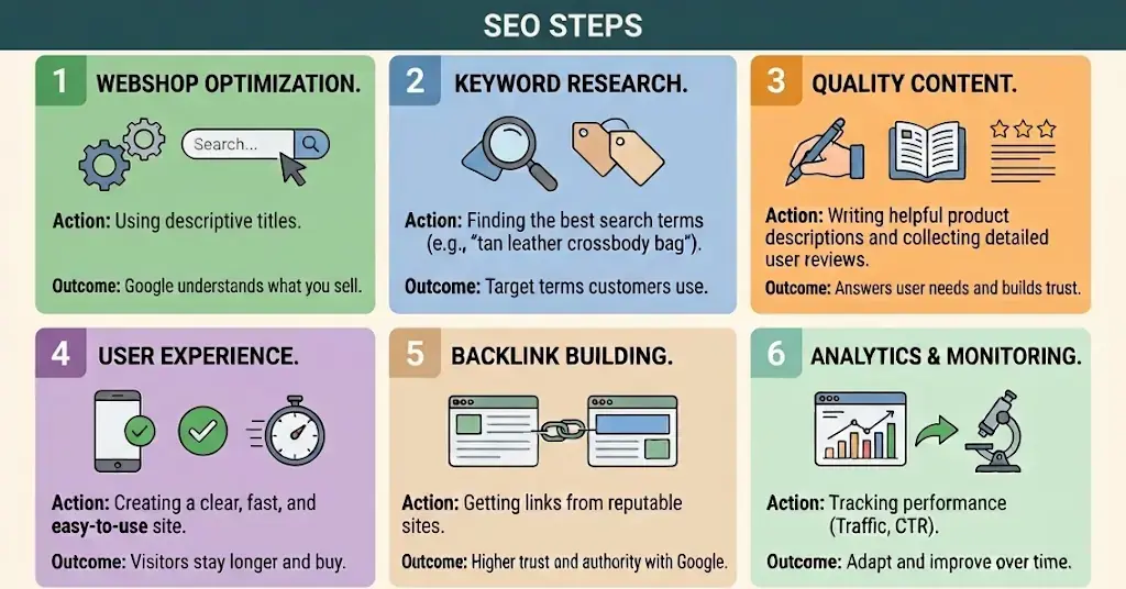 SEO strategy steps for improving Google search rankings and website growth