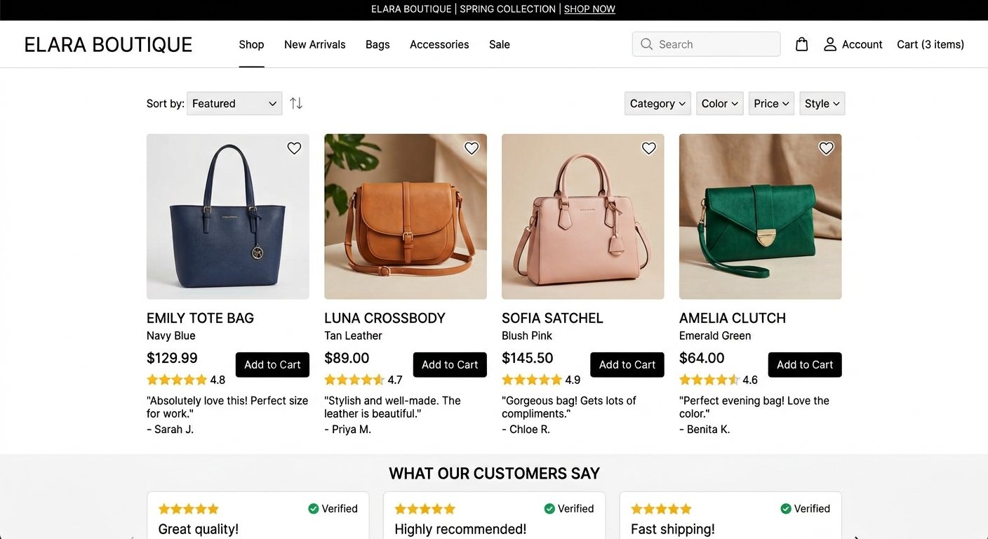 Elara Boutique online store with handbags, prices, and add-to-cart buttons