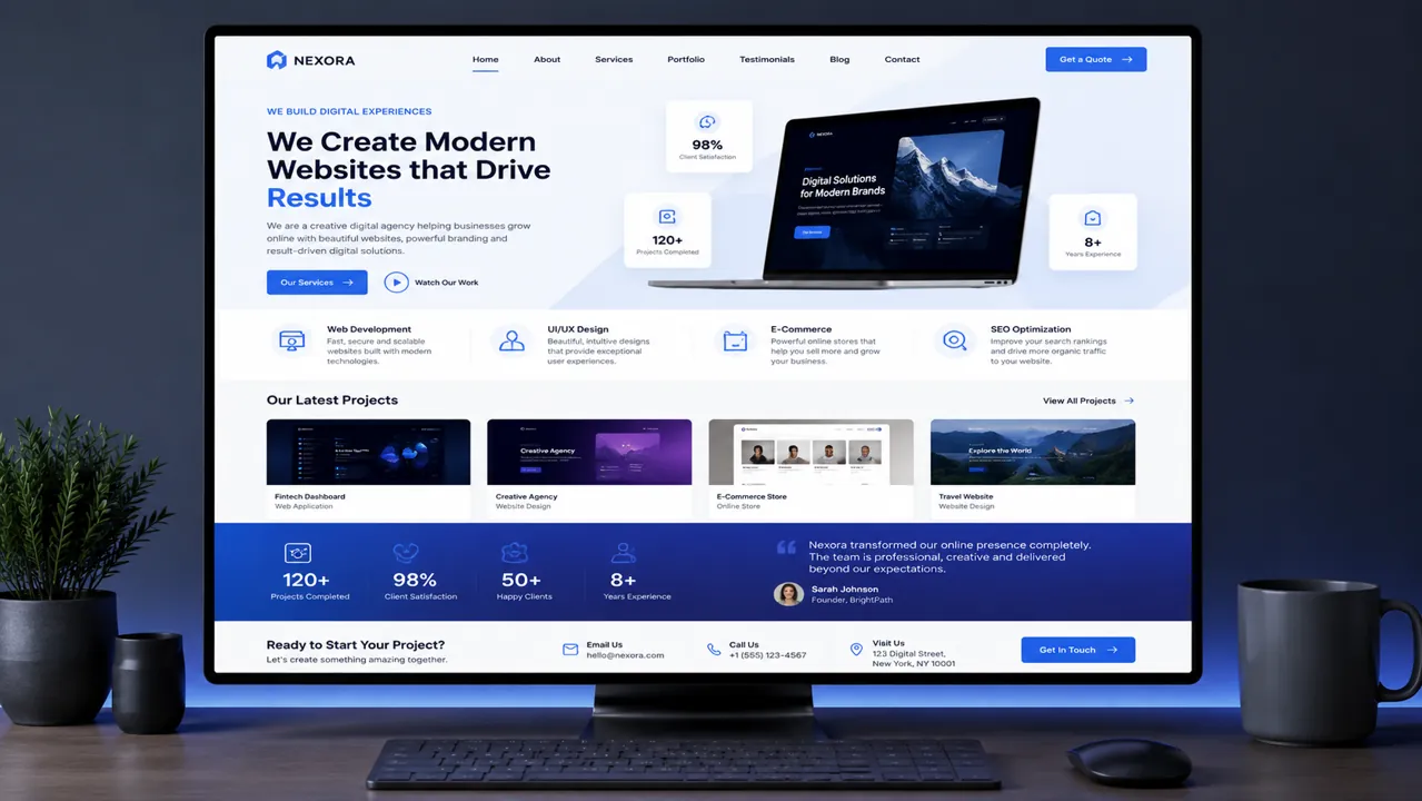 Modern business website design shown on a desktop screen